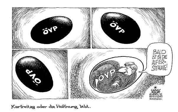  Oliver Schopf, politischer Karikaturist aus Österreich, politische Karikaturen, Illustrationen Archiv politische Karikatur Österreich: Parteien ÖVP 2012 OEVP SPINDELEGGER EI KARFEITAG EIERN AUFERSTEHUNG HOFFNUNG


