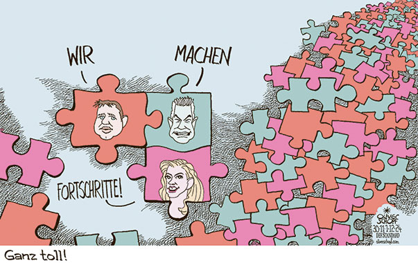 Oliver Schopf, politischer Karikaturist aus Österreich, politische Karikaturen aus Österreich, Karikatur Cartoon Illustrationen Politik Politiker Österreich 2024: REGIERUNGSBILDUNG DREIERKOALITION VERHANDLUNGEN ÖVP SPÖ NEOS TÜRKIS ROT PINK NEHAMMER BABLER MEINL-REISINGER PUZZLE WIR MACHEN FORTSCHRITTE STEINE ZUSAMMENPASSEN 







