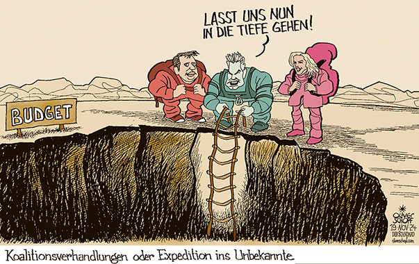 Oliver Schopf, politischer Karikaturist aus Österreich, politische Karikaturen aus Österreich, Karikatur Cartoon Illustrationen Politik Politiker Österreich 2024: REGIERUNGSBILDUNG KOALITIONSVERHANDLUNGEN REGIERUNGSVERHANDLUNGEN ÖVP SPÖ NEOS NEHAMMER BABLER MEINL-REISINGER BUDGET BUDGETLOCH IN DIE TIEFE GEHEN VERTIEFUNGEN STRICKLEITER EXPEDITION INS UNBEKANNTE 





