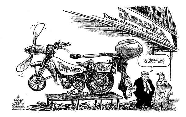  Oliver Schopf, politischer Karikaturist aus Österreich, politische Karikaturen, Illustrationen Archiv politische Karikatur Österreich: Parteien ÖVP 2011 oevp wien obmann manfred juraczka werkstatt motorrad reparatur spindelegger

