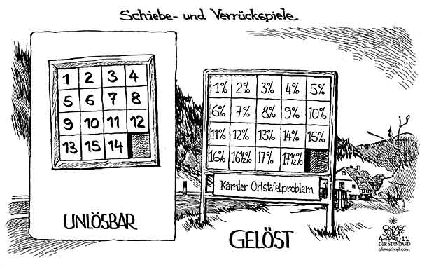 Oliver Schopf, politischer Karikaturist aus Österreich, politische Karikaturen aus Österreich, Karikatur, Illustrationen Politik Politiker Österreich 2011: kaernten ortstafel konflikt loesung 17,5 % problem schiebespiel verruecken ortstafellösung







 
  