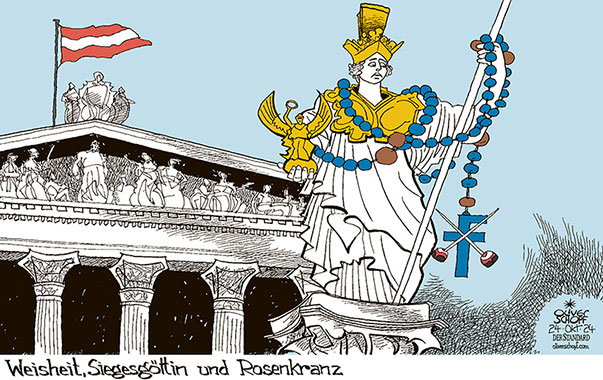 Oliver Schopf, politischer Karikaturist aus Österreich, politische Karikaturen aus Österreich, Karikatur Cartoon Illustrationen Politik Politiker Österreich 2024: NATIONALRAT PARLAMENT KONSTITUIERENDE SITZUNG WAHL ERSTER NATIONALRATSPRÄSIDENT WALTER ROSENKRANZ FPÖ PALLAS ATHENE BRUNNEN GÖTIN WEISHEIT NIKE SIEGESGÖTTIN 





