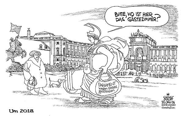  Oliver Schopf, politischer Karikaturist aus Österreich, politische Karikaturen, Illustrationen Archiv politische Karikatur Österreich PARLAMENT WIEN UMBAU PALLAS ATHENE UMZUG AUSWEICHQUARTIER HOFBURG HELDENPLATZ HUNDE GAESTEZIMMER
