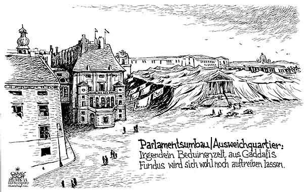 Oliver Schopf, politischer Karikaturist aus Österreich, politische Karikaturen aus Österreich, Karikatur, Illustrationen Politik Politiker Österreich 2011: parlament umzug ausweichquartier heldenplatz zelt








 
  