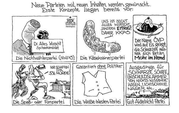  Oliver Schopf, politischer Karikaturist aus Österreich, politische Karikaturen, Illustrationen Archiv politische Karikatur Österreich: 2012 
 PARTEIEN PARLAMENT KAESEKRAINER EITRIGE MOHR IM HEMD WEISSE WESTE GUT AIDERBICHL 