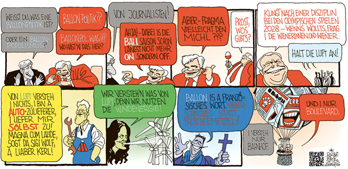 Oliver Schopf, politischer Karikaturist aus Österreich, politische Karikaturen aus Österreich, Karikatur, Illustrationen Politik Politiker Österreich  2013 POPULISMUS POLITIK BALLON HEISSE LUFT FAYMANN SPINDLEGGER HAEUPL STRONACH FRANK GLAWISCHNIG STRACHE  BOULEVARD PHOENIX ZEITSCHRIFT
