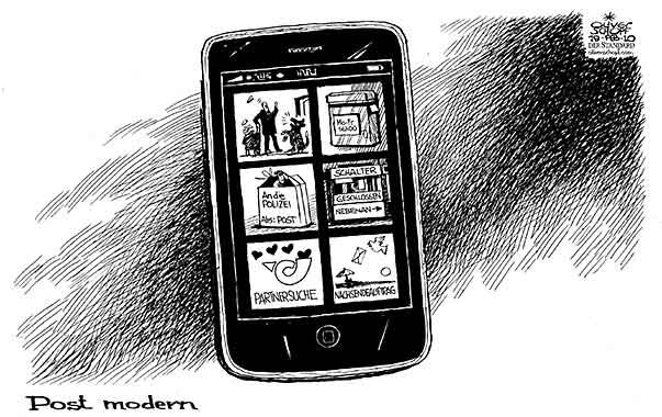 Oliver Schopf, politischer Karikaturist aus Österreich, politische Karikaturen aus Österreich, Karikatur, Illustrationen Politik Politiker Österreich 2010: post internet iphone app postmodern 
  