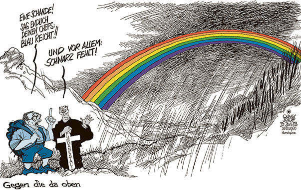 Oliver Schopf, politischer Karikaturist aus Österreich, politische Karikaturen aus Österreich, Karikatur Cartoon Illustrationen Politik Politiker Österreich 2023: PRIDE PARADE REGENBOGEN LGBTIQ QUEER SEXUELLE AUSRICHTUNG WIEN RATHAUS KICKL FPÖ KATHOLISCHER FUNDAMENTALISMUS RELIGION TOLERNAZ INTOLERANZ

