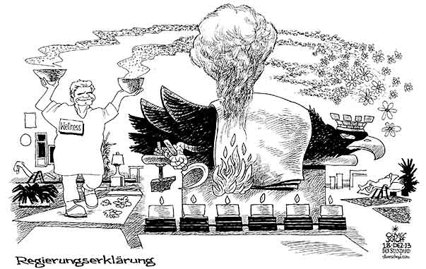 Oliver Schopf, politischer Karikaturist aus Österreich, politische Karikaturen aus Österreich, Karikatur Cartoon Illustrationen Politik Politiker Österreich 2013: REGIERUNG KOALITION SPOE OEVP FAYMANN REGIERUNGSERKLAERUNG WELLNESS BUNDESADLER KERZEN FLAMME BRENNEN FEUER DUFT  
