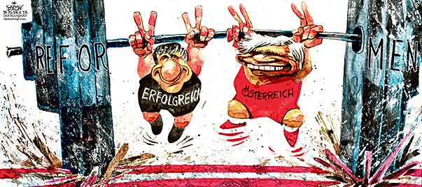 Oliver Schopf, politischer Karikaturist aus Österreich, politische Karikaturen aus Österreich, Karikatur Cartoon Illustrationen Politik Politiker Österreich 2013: KOALITION REGIERUNGSPROGRAMM 2013 ERFOLGREICH OESTERREICH SPOE OEVP FAYMANN SPINDELEGGER GEWICHTHEBEN REFORM
