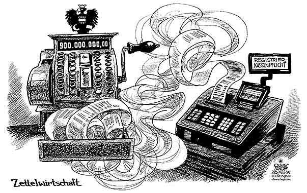  Oliver Schopf, politischer Karikaturist aus Österreich, politische Karikaturen, Illustrationen Archiv politische Karikatur Österreich Steuerreform 2015 STEUERREFORM REGISTRIERKASSENPFLICHT KASSA BON ZETTELWIRTSCHAFT MILLIARDEN EINNAHMEN


