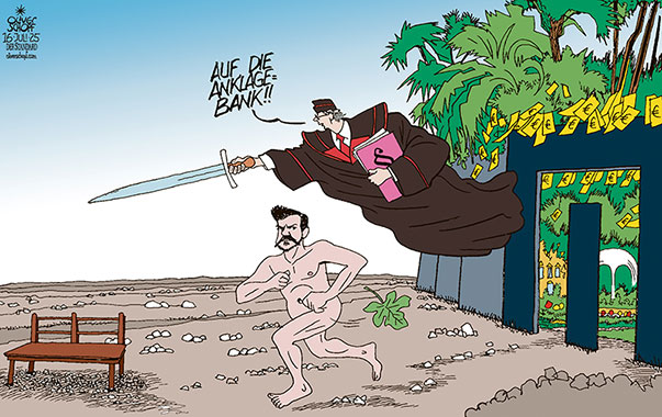 Oliver Schopf, politischer Karikaturist aus Österreich, politische Karikaturen aus Österreich, Karikatur Cartoon Illustrationen Politik Politiker Österreich Cartoon Movement, @oliverschopf.bsky.social 2025: SIGNA HOLDING RENÉ BENKO ANKLAGE BETRÜGERISCHER KRIDA STAATSANWALT VERTREIBUNG AUS DEM PARADIES ENGEL ANKLAGEBANK NACKT FEIGENBLATT

























