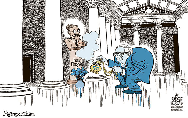 Oliver Schopf, politischer Karikaturist aus Österreich, politische Karikaturen aus Österreich, Karikatur Cartoon Illustrationen Politik Politiker Österreich Cartoon Movement, @oliverschopf.bsky.social 2025: PARLAMENT HOHES HAUS SÄULENHALLE NATIONALRATSPRÄSIDENT WALTER ROSENKRANZ FRANZ DINGHOFER NSDAP MITGLIED ANTISEMIT SYMPOSIUM FPÖ


































