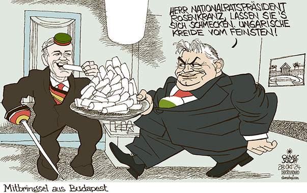 Oliver Schopf, politischer Karikaturist aus Österreich, politische Karikaturen aus Österreich, Karikatur Cartoon Illustrationen Politik Politiker Österreich 2024: NATIONALRATSPRÄSIDENT WALTER ROSENKRANZ FPÖ SCHLAGENDE BURSCHENSCHAFT LIBERTAS KREIDE FRESSEN VIKTOR ORBAN BESUCH PARLAMENT WIEN RECHTSRADIKAL  





