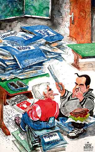 Oliver Schopf, politischer Karikaturist aus Österreich, politische Karikaturen aus Österreich, Karikatur, Illustrationen Politik Politiker Österreich 2011 koalition faymann proell schule sitzenbleiben hausaufgaben krone
 