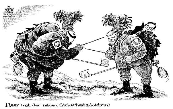 Oliver Schopf, politischer Karikaturist aus Österreich, politische Karikaturen aus Österreich, Karikatur, Illustrationen Politik Politiker Österreich 2011: bundesheer faymann proell sicherheitsdoktrin soldat sicherheitsnadel 

 
  