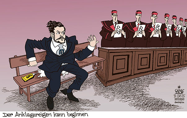 Oliver Schopf politische Karikatur 2025: Am 14. Oktober 2025 startet im Innsbrucker Landesgericht das erste von vielen Verfahren gegen René Benko und seiner Signa Holding.
 Oliver Schopf, politischer Karikaturist aus Österreich, politische Karikaturen aus Österreich, Karikatur Cartoon Illustrationen Politik Politiker Österreich Cartoon Movement, @oliverschopf.bsky.social 2025: SIGNA RENÉ BENKO ANKLAGE ANKLAGEBANK GERICHTSVERFAHREN STAATSANWÄLTE START INNSBRUCK LANDESGERICHT