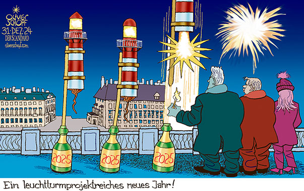 Oliver Schopf, politischer Karikaturist aus Österreich, politische Karikaturen aus Österreich, Karikatur Cartoon Illustrationen Politik Politiker Österreich 2024: REGIERUNGSBILDUNG DREIERKOALITION ÖVP SPÖ NEOS NEHAMMER BABLER MEINL-REISINGER TÜRKIS ROT PINK SILVESTER JAHRESWECHSEL 2025 FEUERWERK LEUCHTTURM LEUCHTTURMPROJEKT BALLHAUSPLATZ DACH PALAIS EPSTEIN NEUJAHRSNACHT













