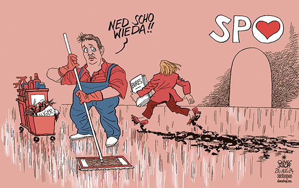 Oliver Schopf, politischer Karikaturist aus Österreich, politische Karikaturen aus Österreich, Karikatur Cartoon Illustrationen Politik Politiker Österreich 2024: NATIONALRATSWAHLEN SPÖ WAHLPROGRAMM ANDREAS BABLER LUGER DORIS BURES AUFRÄUMEN PUTZEN SPIEGELBLANK DRECK SCHMUTZ PATZEN 








































