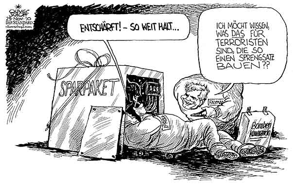  Oliver Schopf, politischer Karikaturist aus Österreich, politische Karikaturen, Illustrationen Archiv politische Karikatur Österreich Wirtschaft  und Finanzen
 2010 sparpaket budget bombe faymann proell entschaerfen sprengsatz





