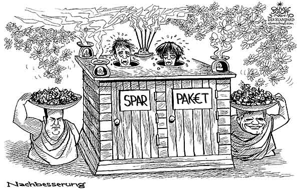 Oliver Schopf, politischer Karikaturist aus Österreich, politische Karikaturen aus Österreich, Karikatur, Illustrationen Politik Politiker Österreich 2010: budget sparpaket faymann proell schwitzen schwitzkasten duefte aroma nachbesserung