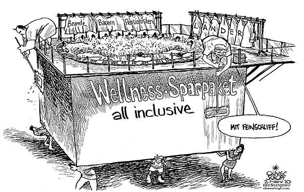 Oliver Schopf, politischer Karikaturist aus Österreich, politische Karikaturen aus Österreich, Karikatur, Illustrationen Politik Politiker Österreich 2010: budget sparpaket wellness whirlpool feinschliff faymann proell