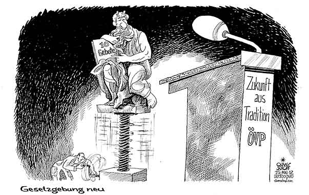  Oliver Schopf, politischer Karikaturist aus Österreich, politische Karikaturen, Illustrationen Archiv politische Karikatur Österreich: Parteien ÖVP 2012 OEVP SPINDELEGGER OEVP REDE ZUKUNFT VOR TRADITION 10 GEBOTE MOSES MICHELANGELO  



