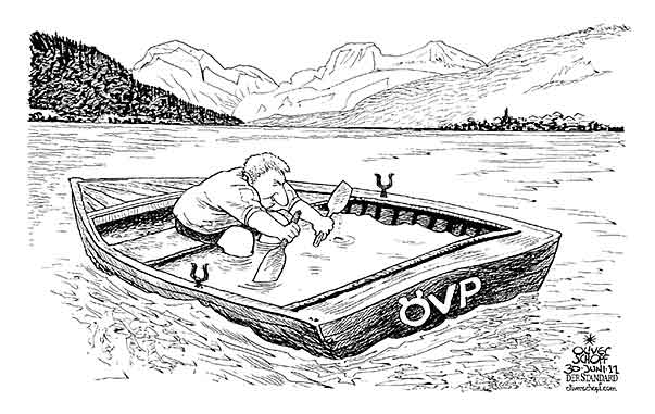  Oliver Schopf, politischer Karikaturist aus Österreich, politische Karikaturen, Illustrationen Archiv politische Karikatur Österreich: Parteien ÖVP 2011 koalition regierung faymann spindelegger oevp spindelegger boot rudern see leck wasser

