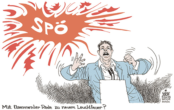 Oliver Schopf, politischer Karikaturist aus Österreich, politische Karikaturen aus Österreich, Karikatur Cartoon Illustrationen Politik Politiker Österreich 2023: SPÖ ANDREAS BABLER PARTEIVORSITZENDER FLAMMENDE EMOTIONALE REDE REDEKUNST LEUCHTFEUER SPRECHBLASE REDNERPULT


