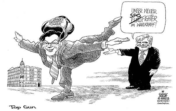 Oliver Schopf, politischer Karikaturist aus Österreich, politische Karikaturen aus Österreich, Karikatur, Illustrationen Politik Politiker Österreich 2013 SPOE FAYMANN DARABOS NORBERT BUNDESGESCHAEFTSFUEHRER PARTEIZENTRALE LOEWELSTRASSE EUROFIGHTER TOP GUN KAMPFJET WAHLKAMPF