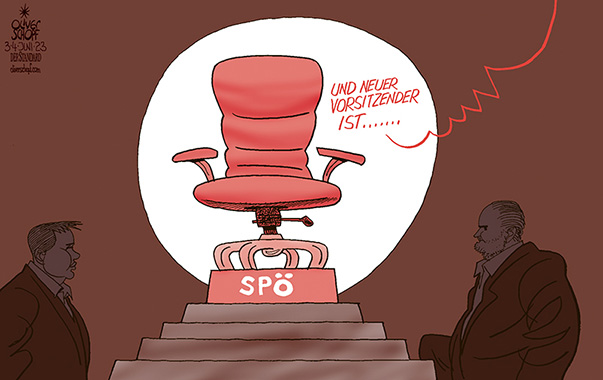 Oliver Schopf, politischer Karikaturist aus Österreich, politische Karikaturen aus Österreich, Karikatur Cartoon Illustrationen Politik Politiker Österreich 2023: SPÖ PARTEITAG LINZ ENTSCHEIDUNG PARTEIVORSITZ STUHL SESSEL HANS PETER DOSKOZIL ANDREAS BABLER LICHT SCHEINWERFERLICHT HELL DUNKEL 

