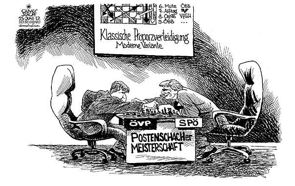  Oliver Schopf, politischer Karikaturist aus Österreich, politische Karikaturen, Illustrationen Archiv politische Karikatur Österreich Koalition 2012 KOALITION REGIERUNG FAYMANN SPINDELEGGER FAYMANN SPINDELEGGER REGIERUNG KOALITION SPOE OEVP PROPORZ SCHACH FIGUREN POSTENSCHACHER WETTKAMPF DUELL SCHACHWELTMEISTERSCHAFT 
