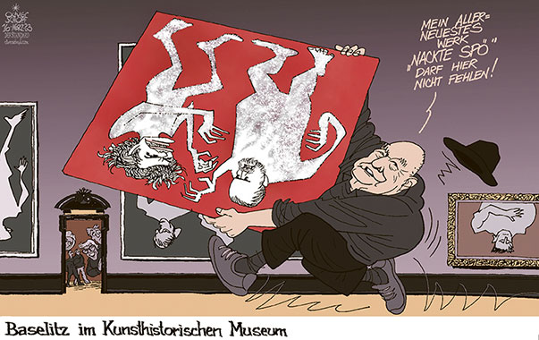 Oliver Schopf, politischer Karikaturist aus Österreich, politische Karikaturen aus Österreich, Karikatur Cartoon Illustrationen Politik Politiker Österreich 2023: SPÖ VORSITZ RENDI-WAGNER DOSKOZIL PARTEISPITZE ENTSCHEIDUNG GEORG BASELITZ AUSSTELLUNG KHM KUNSTHISTORISCHES MUSEUM NACKTE MEISTER MALEREI ÖLBILDER VERKEHRT AUF DEN KOPF GESTELLT





