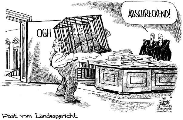 Oliver Schopf, politischer Karikaturist aus Österreich, politische Karikaturen aus Österreich, Karikatur, Illustrationen Politik Politiker Österreich 2013 STRASSER ERNST PROZESS HAFT LANDESGERICHT OGH ABSCHRECKUNG POST LIEFERUNG KAEFIG