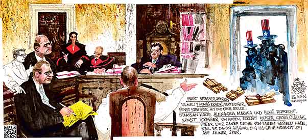 Oliver Schopf, politischer Karikaturist aus Österreich, politische Karikaturen aus Österreich, Karikatur, Illustrationen Politik Politiker Österreich 2012 PROZESS STRASSER ERNST WIEN LANDESGERICHT GROSSER SCHWURGERICHTSSAAL KORRUPTION BESTECHNUNG LOBBYIST OLSCHAK GEORG MARUNA ALEXANDRA KRALIK THOMAS 
 
  