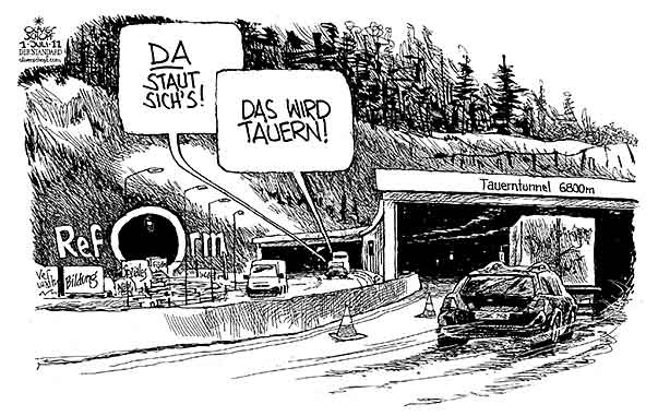 Oliver Schopf, politischer Karikaturist aus Österreich, politische Karikaturen aus Österreich, Karikatur, Illustrationen Politik Politiker Österreich 2011 koalition regierung faymann spindelegger tauerntunnel eroeffnung roehre verkehr stau blockabfertigung reform tunnelportal
 