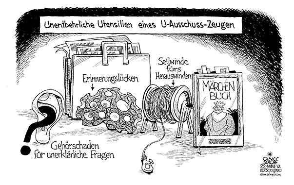  Oliver Schopf, politischer Karikaturist aus Österreich, politische Karikaturen, Illustrationen Archiv politische Karikatur Österreich U-Ausschuss im Parlament 2012  U-AUSSCHUSS PARLAMENT TELEKOM KORRUPTION ZEUGEN AUSSAGEN ERINNERUNGSLUECKEN 
