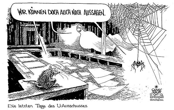  Oliver Schopf, politischer Karikaturist aus Österreich, politische Karikaturen, Illustrationen Archiv politische Karikatur Österreich U-Ausschuss im Parlament 2012 U-AUSSCHUSS PARLAMENT KORRUPTION AUFKLAERUNG ZEUGEN LADUNG SCHWEIGEN AUSSAGE ENTSCHLAGEN SUMPF GESPENST MAUS SPINNE


 

