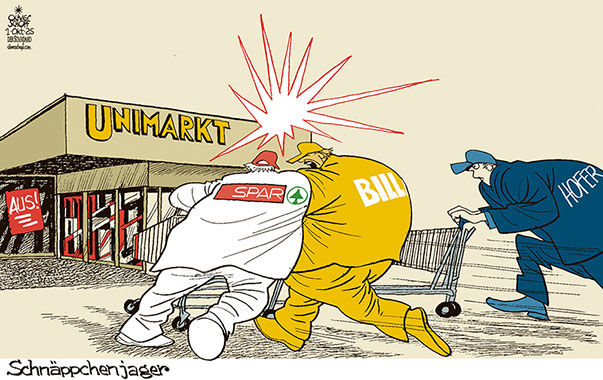 Oliver Schopf, politischer Karikaturist aus Österreich, politische Karikaturen aus Österreich, Karikatur Cartoon Illustrationen Politik Politiker Österreich Cartoon Movement, @oliverschopf.bsky.social 2025: UNIMARKT DISKONTER PLEITE VERKAUF REWE BILLA SPAR HOFER WETTBEWERB BUNDESWETTBEWERBSBEHÖRDE EINKAUFEN SCHNÄPPCHEN SCHNÄPPCHENJÄGER ÜBERNAHME KAUFEN SUPERMARKT
































