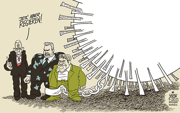 Oliver Schopf, politischer Karikaturist aus Österreich, politische Karikaturen aus Österreich, Karikatur Cartoon Illustrationen Politik Politiker Österreich 2021: REGIERUNG KOALITION ÖVP DIE GRÜNEN BUNDESKANZLER KARL NEHAMMER WERNER KOGLER ANGELOBUNG BUNDESPRÄSIDENT VAN DER BELLEN CORONAVIRUS PANDEMIE SARS-CoV-2 COVID-19 FUSSFESSEL ANEINANDERGEKETTET KETTE
