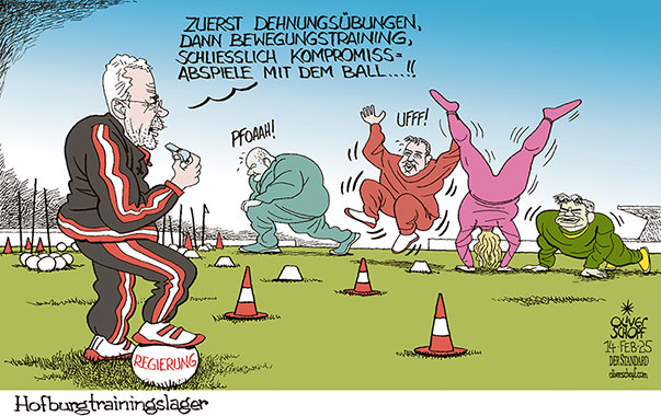 Oliver Schopf, politischer Karikaturist aus Österreich, politische Karikaturen aus Österreich, Karikatur Cartoon Illustrationen Politik Politiker Österreich @oliverschopf.bsky.social 2025: REGIERUNGSBILDUNG KOALITION BUNDESPRÄSIDENT VAN DER BELLEN VdB GESPRÄCHE KOMPROMISS BEWEGUNG DEHNUNG FUSSBALL TRAININGSLAGER BALL ÖVP SPÖ NEOS DIE GRÜNEN STOCKER BABLER MEINL-REISINGER KOGLER


















