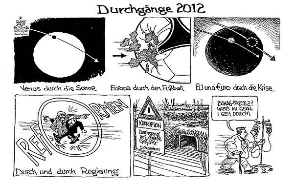  Oliver Schopf, politischer Karikaturist aus Österreich, politische Karikaturen, Illustrationen Archiv politische Karikatur Österreich: 2012 
2012 VENUS DURCHGANG TRANSIT SONNE FUSSBALL EURO 2012 EU KRISE FAYMANN SPINDELEGGER REFORMEN U-AUSSCHUSS KORRUPTION SUMPF BAWAG PROZESS ELSNER
