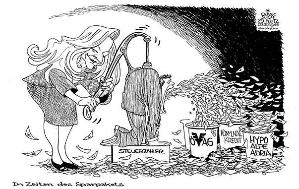  Oliver Schopf, politischer Karikaturist aus Österreich, politische Karikaturen, Illustrationen Archiv politische Karikatur Österreich Wirtschaft  und Finanzen 2012 FEKTER FINANZMINISTER VOLKSBANK KOMMUNALKREDIT HYPO ALPE ADRIA STEUERZAHLER PUMPE GELD 





