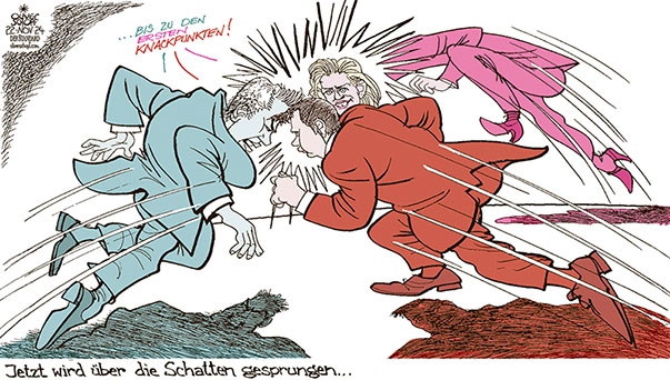 Oliver Schopf, politischer Karikaturist aus Österreich, politische Karikaturen aus Österreich, Karikatur Cartoon Illustrationen Politik Politiker Österreich 2024: REGIERUNGSBILDUNG KOALITIONSVERHANDLUNGEN ÖVP SPÖ NEOS NEHAMMER BABLER MEINL-REISINGER ÜBER DEN SCHATTEN SPRINGEN KNACKPUNKTE ZUSAMMENSTOSS 





