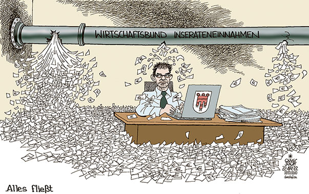 Oliver Schopf, politischer Karikaturist aus Österreich, politische Karikaturen aus Österreich, Karikatur Cartoon Illustrationen Politik Politiker Österreich 2022: VORARLBERG LANDESHAUPTMANN  MARKUS WALLNER WIRTSCHAFTSBUND INSERATE EINNAHMEN STEUER NACHZAHLUNG ERMITTLUNGEN WASSER ROHR ROHRBRUCH BÜRO ÜBERSCHWEMMUNG ALLES FLIESST

