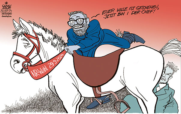 Oliver Schopf, politischer Karikaturist aus Österreich, politische Karikaturen aus Österreich, Karikatur Cartoon Illustrationen Politik Politiker Österreich 2024: NATIONALRATSWAHL WAHLTAG HOCHRECHNUNG SIEGER FPÖ HERBERT KICKL ÖVP KARL NEHAMMER PFERD AUFSCHWINGEN AUFSTEIGEN CHEF EUER WILLE GESCHEHE 








