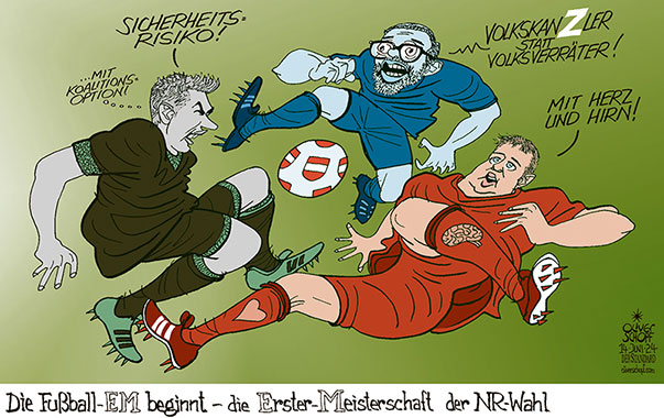 Oliver Schopf, politischer Karikaturist aus Österreich, politische Karikaturen aus Österreich, Karikatur Cartoon Illustrationen Politik Politiker Österreich 2024: NATIONALRATSWAHL FUSSBALL-EM FUSSBALLSPIELER FUSSBALLER PARTEIEN FPÖ SPÖ ÖVP NEHAMMER BABLER KICKL PLATZ EINS ERSTER DUELL TRIELL GLEICHAUF SICHERHEITSRISIKO VOLKSKANZLER VOLKSVERRÄTER MIT HERZ UND HIRN 

