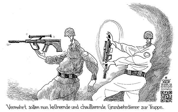  Oliver Schopf, politischer Karikaturist aus Österreich, politische Karikaturen, Illustrationen Archiv politische Karikatur Österreich Bundesheer
2013 BUNDESHEER WEHRPFLICHT KLUG MIKL-LEITNER KELLNER CHAUFFEUR GRUNDWEHRDIENER PRAESENZDIENER

