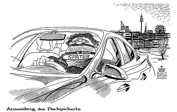  Oliver Schopf, politischer Karikaturist aus Österreich, politische Karikaturen, Illustrationen Archiv politische Karikatur Österreich: Landeshauptleute Wien  Wahl 2012
PARKPICKERL VOLKSBEFRAGUNG AUTO AUTOFAHRER PARKEN  
 
