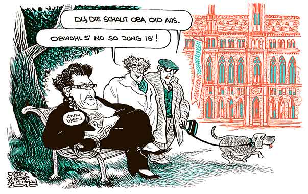Oliver Schopf, politischer Karikaturist aus Österreich, politische Karikaturen aus Österreich, Karikatur, Illustrationen Politik Politiker Österreich 2010: wien rathaus koalitionsverhandlungen rot-gruen christine marek alt aussehen